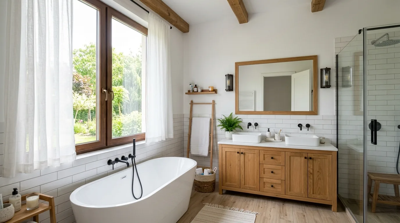 Pair a freestanding tub with simple styling inspiration for a modern farmhouse bathroom.